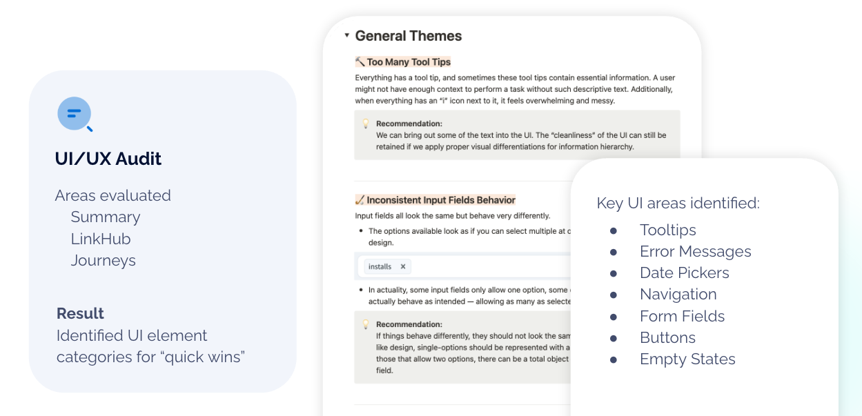 Branch UI/UX audit summary showing evaluated product areas and key UI categories identified