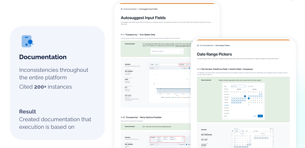 Branch documentation summary showing 200 plus UI inconsistency instances and visual documentation examples