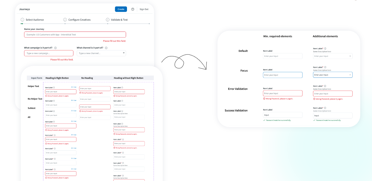 Before and after example showing inconsistent form field validation messages standardized into clearer design system documentation