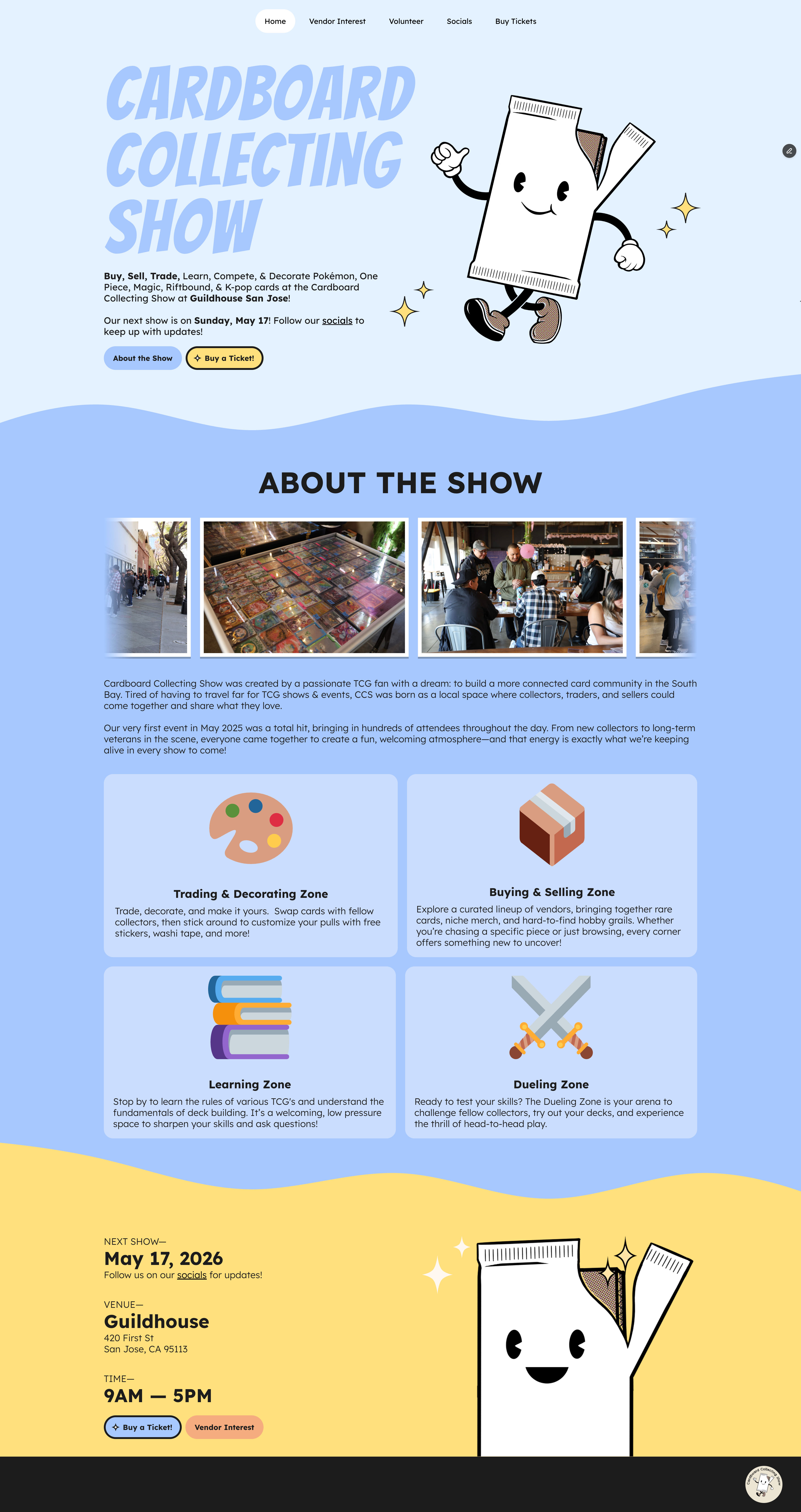 Long desktop screenshot of the Cardboard Collecting Show website