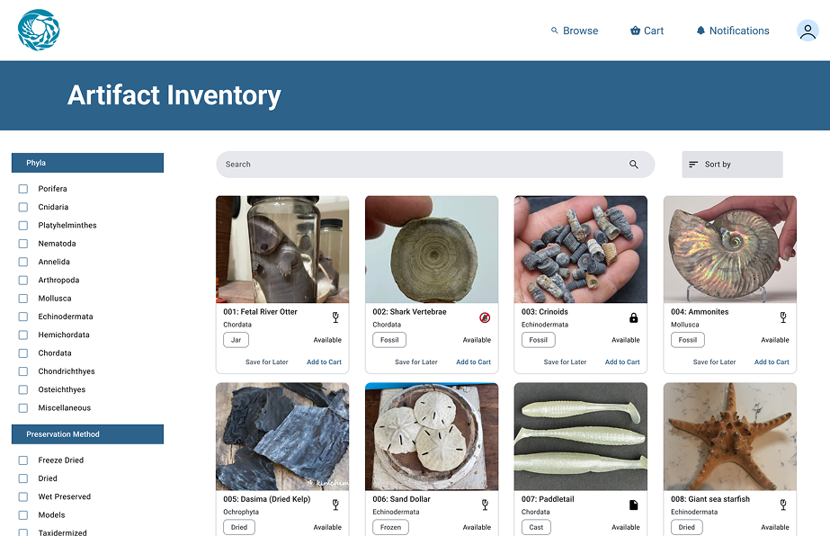High-fidelity design of the Monterey Bay Aquarium artifact inventory listing page