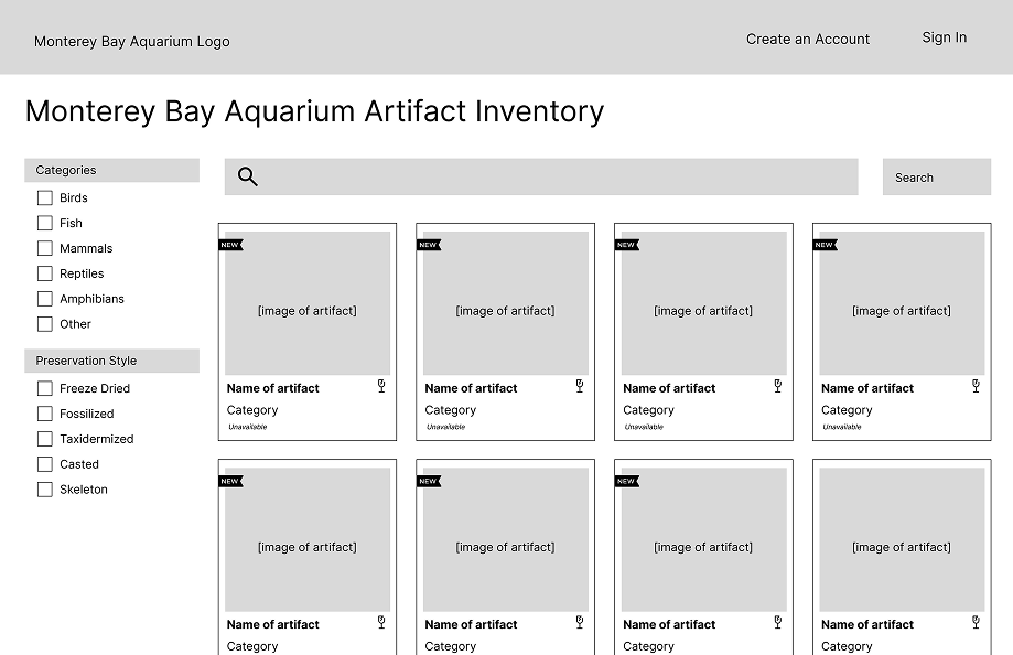 Low-fidelity wireframe of the Monterey Bay Aquarium artifact inventory listing page