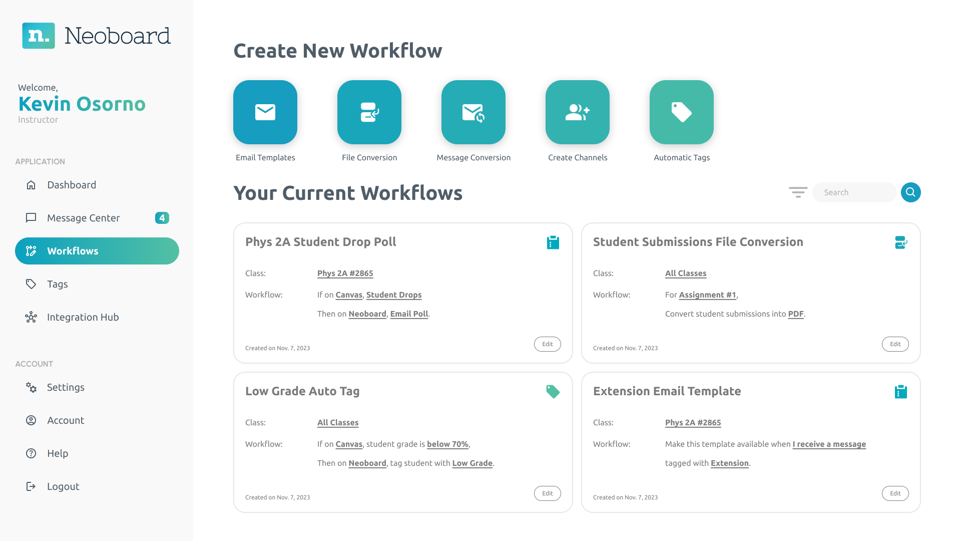 Neoboard workflows dashboard design showing automation cards and workflow creation options
