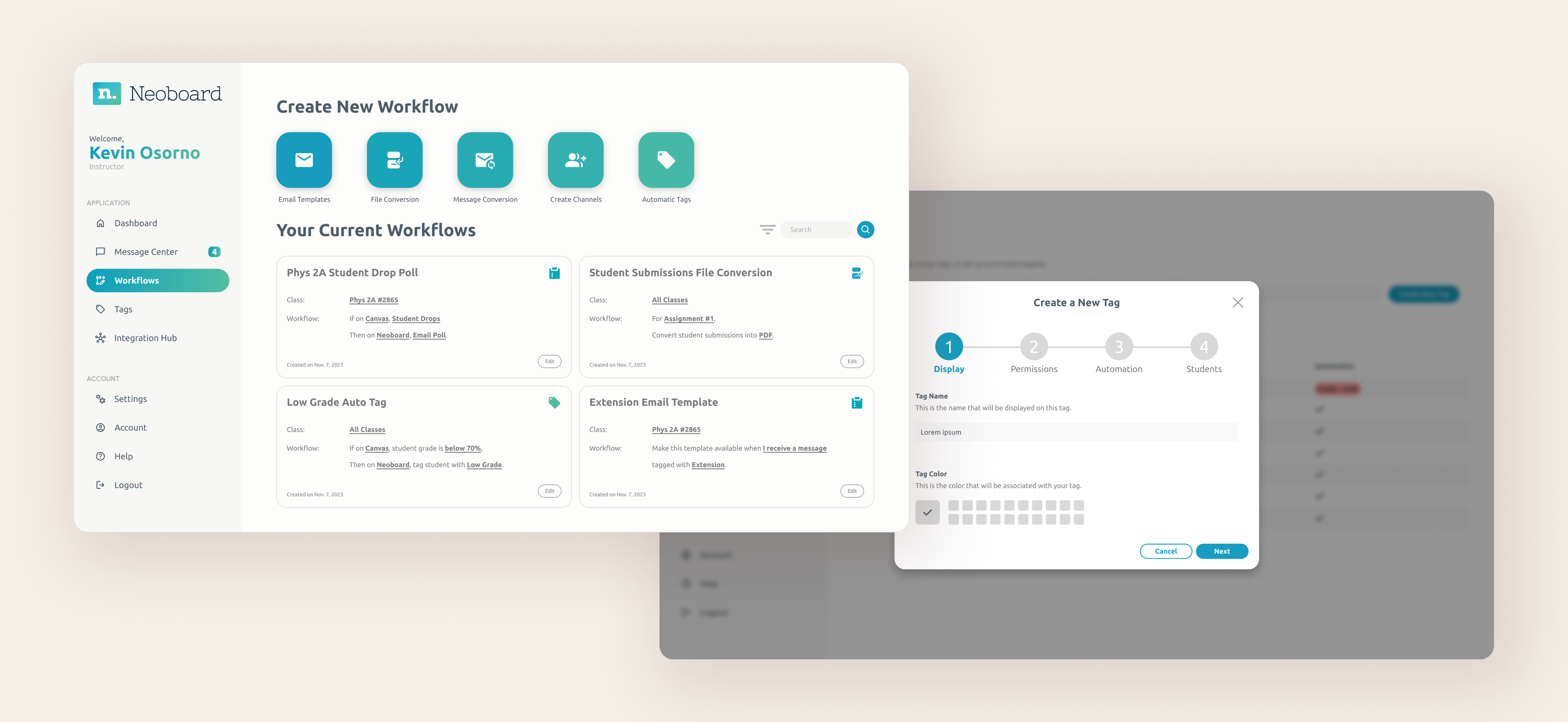 Neoboard workflows dashboard and tag creation flow interface mockup