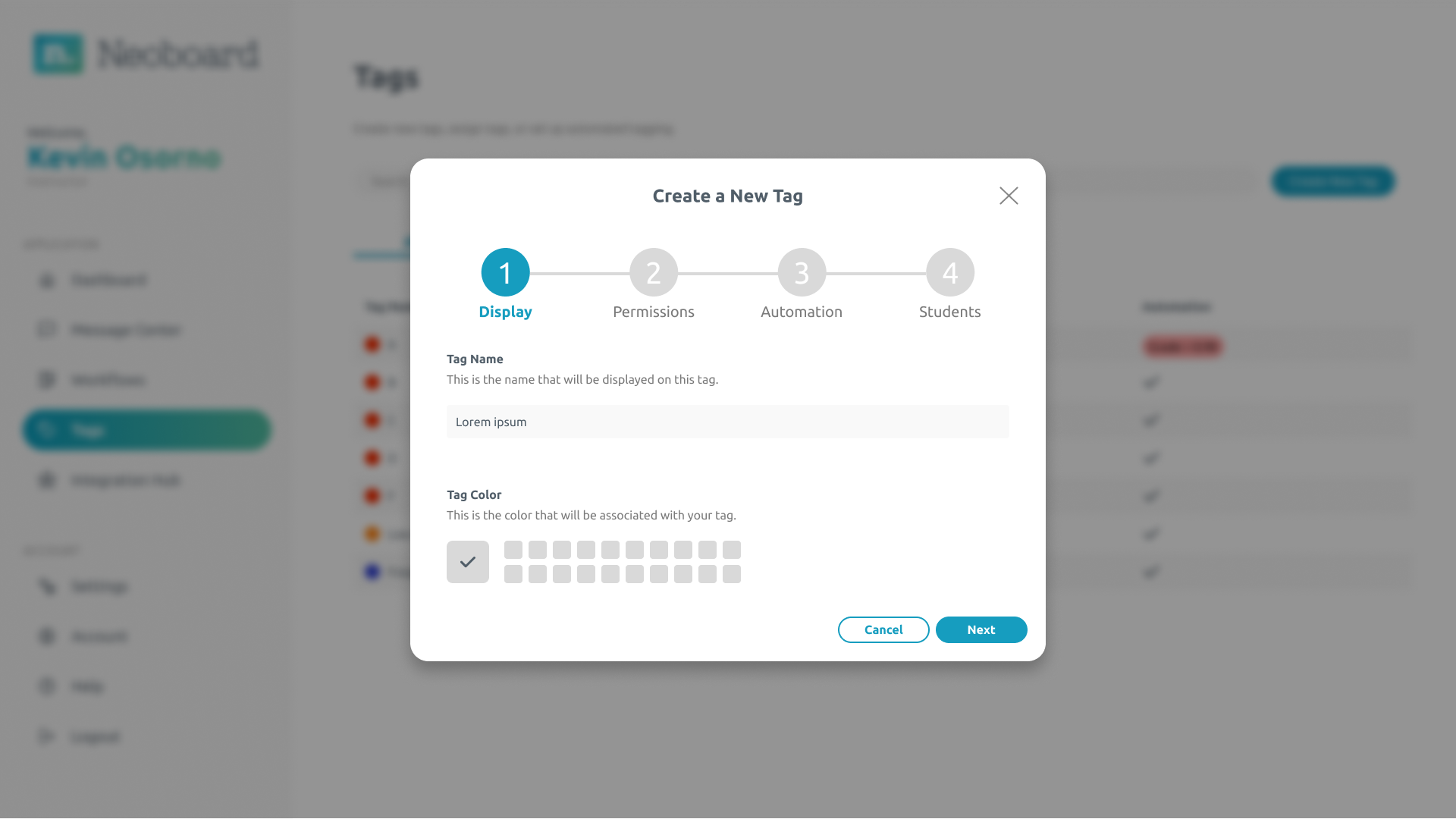 Neoboard tag creation modal over the tags page
