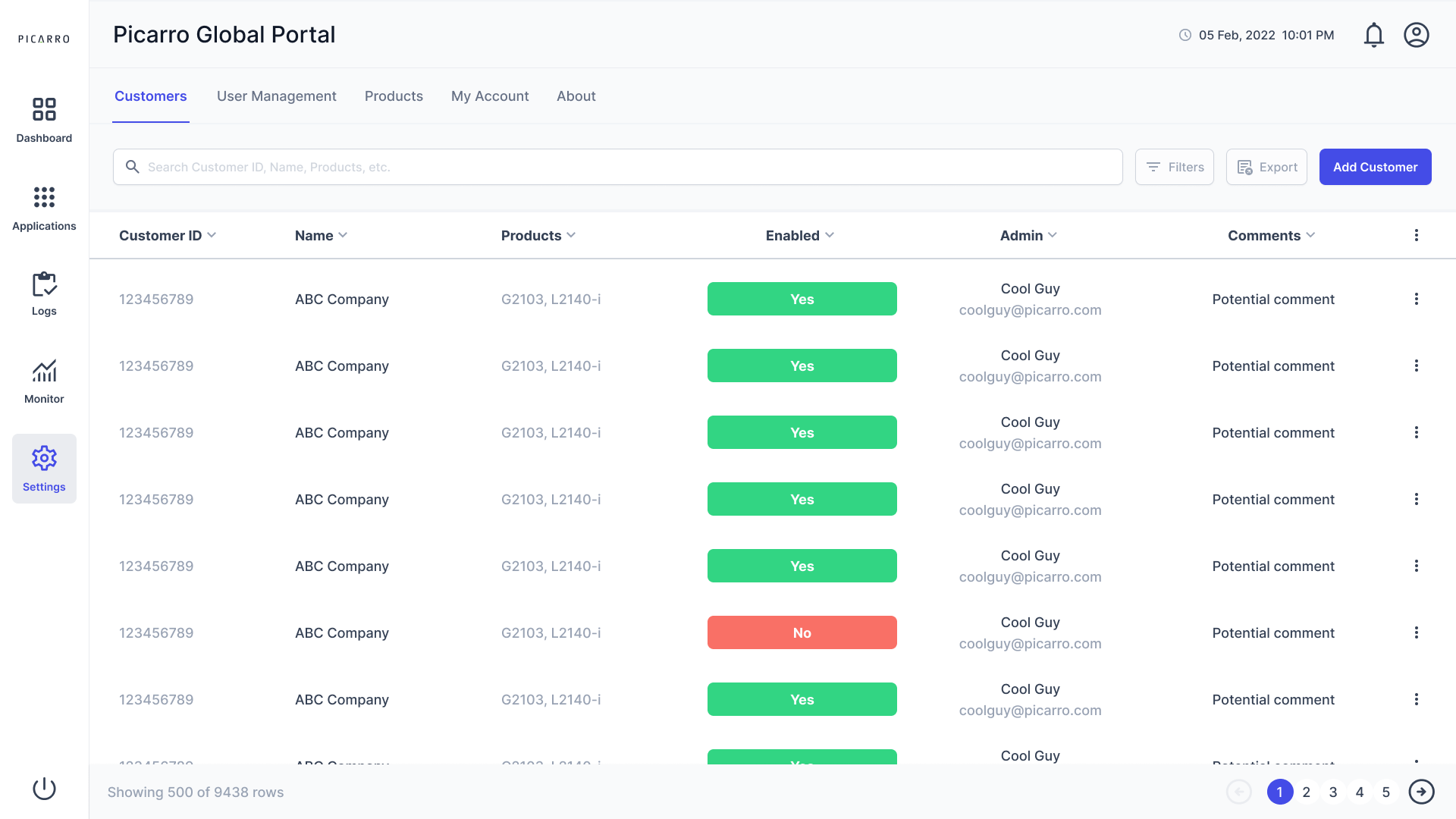Picarro Global Portal customer list screen