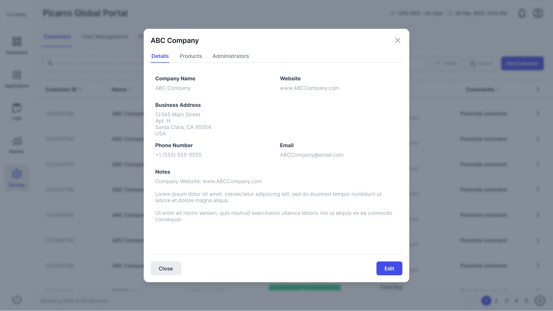 Picarro Global Portal customer details modal