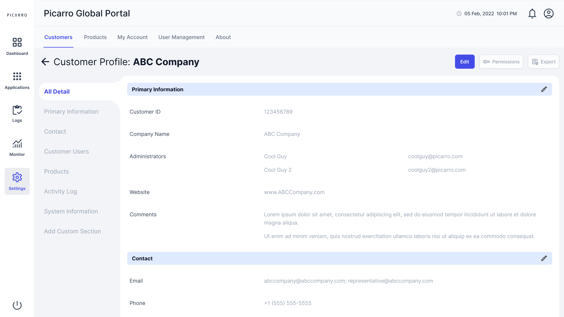 Picarro Global Portal customer profile screen