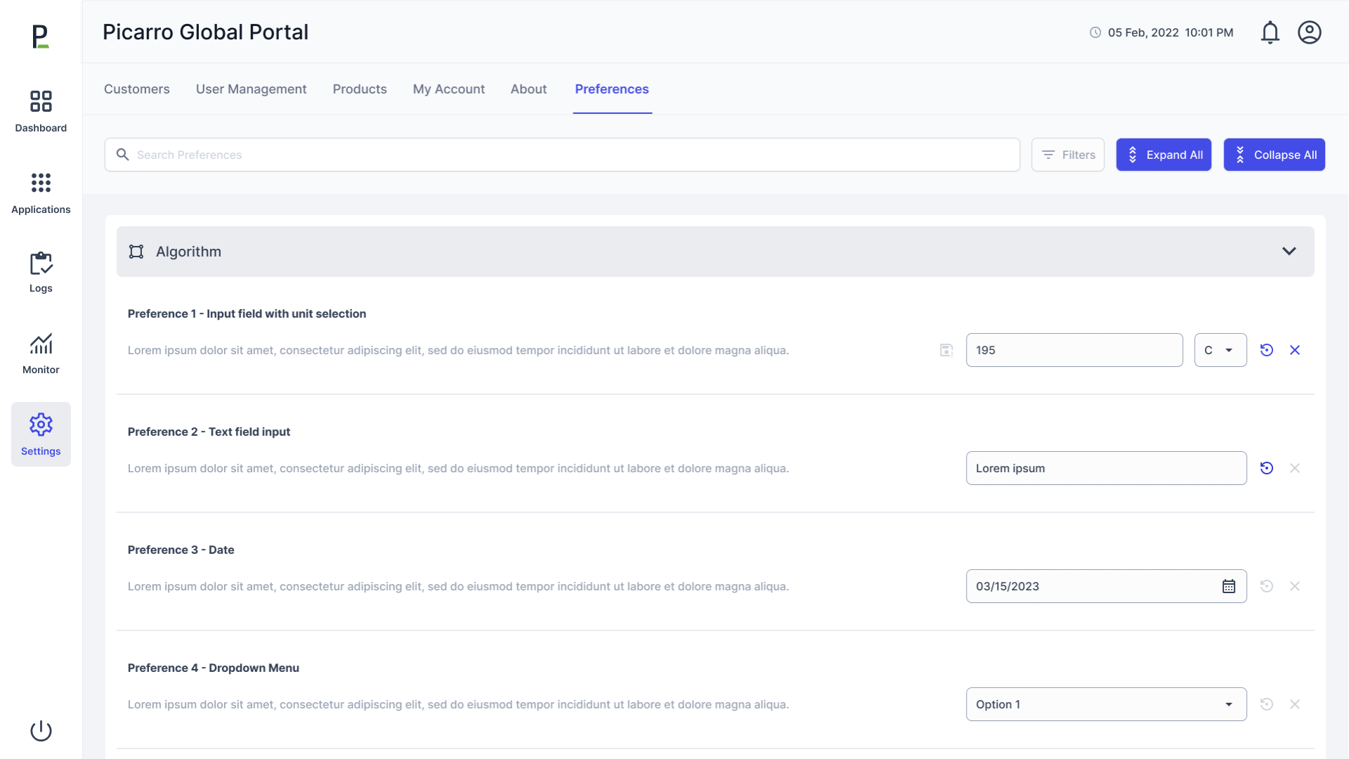 Picarro Preferences tree table interface