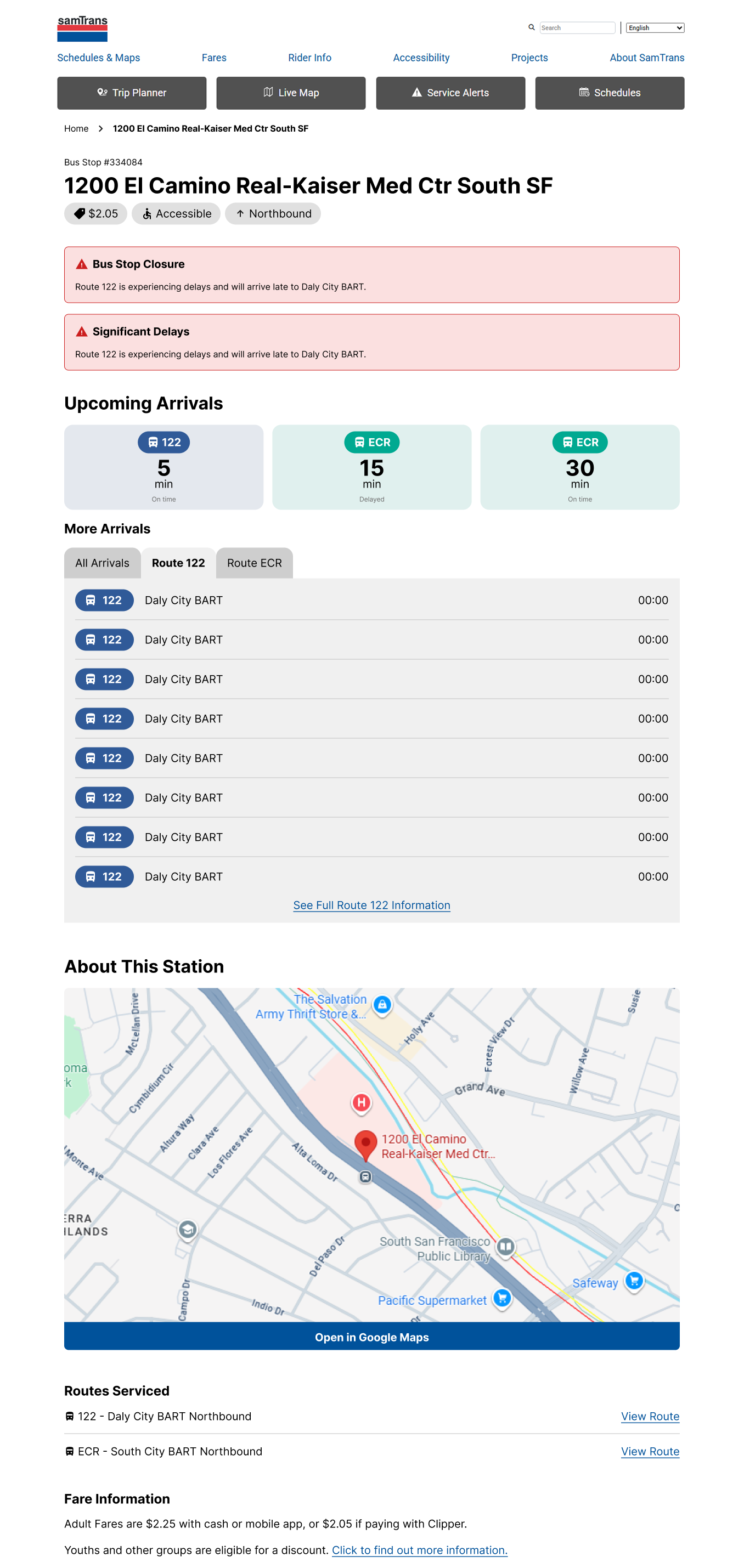 Long desktop design for a SamTrans bus stop live tracking page