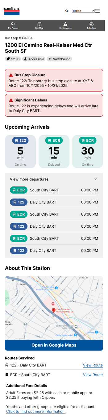 Long mobile design for a SamTrans bus stop live tracking page