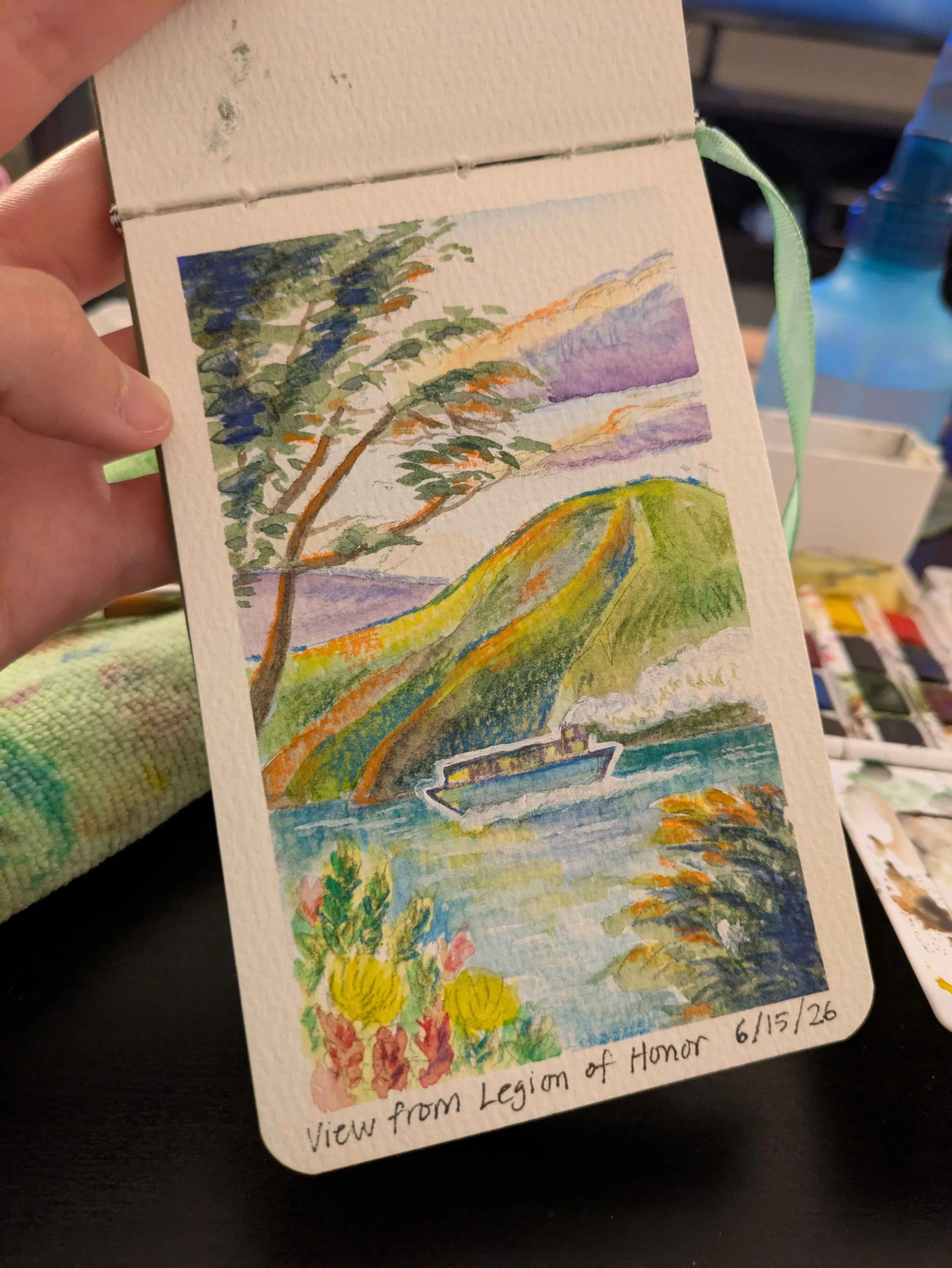 Watercolor landscape sketch of the view from Legion of Honor