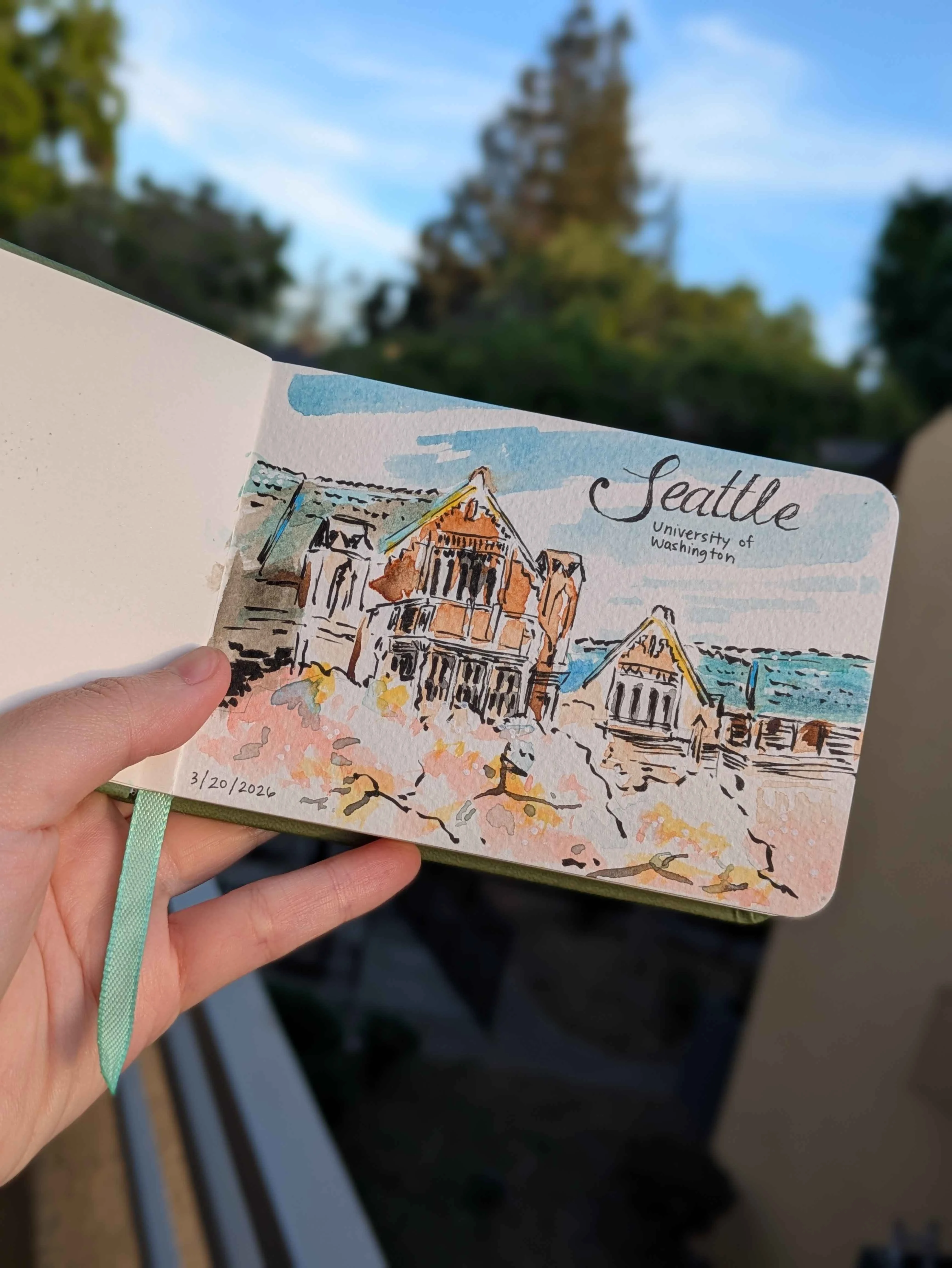 Watercolor sketch of University of Washington buildings in Seattle